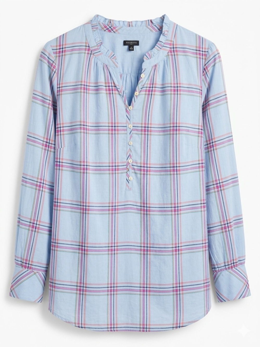 Talbots Light Blue Plaid Button-Front Ruffle Henley